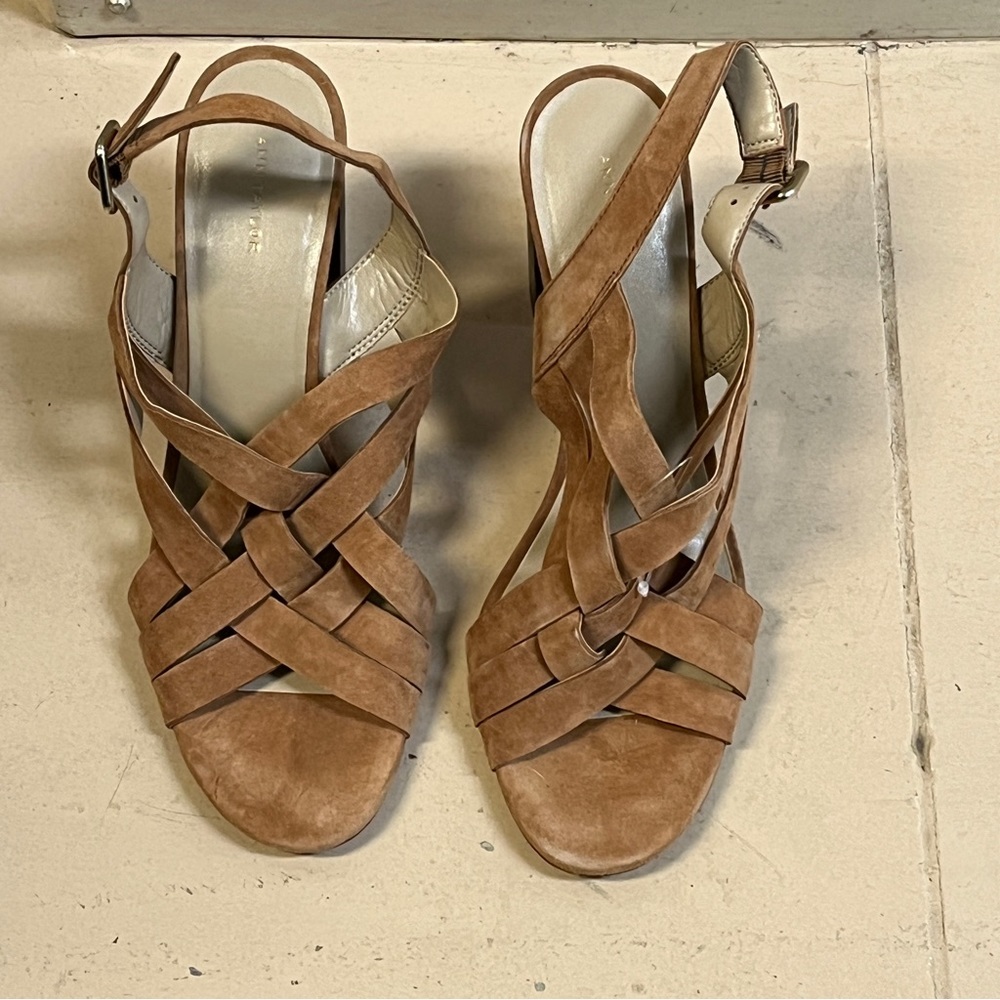 Ann Taylor Woven Camel Suede Sling Back Block Heel Sandals